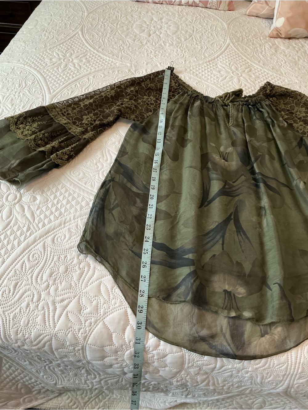 Sheer Olive Green Off-Shoulder Blouse with Lace Sleeves